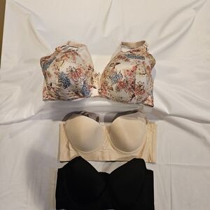 Cacique 44F Full Coverage Bra Bundle Floral Nude Black Back Smoothing Support